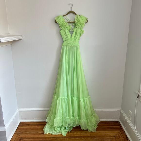 NEW Mac Duggal Mint Green Ruffle Tiered Cut-Out Chiffon Gown Dress 2 Style 67911 - Picture 6 of 16